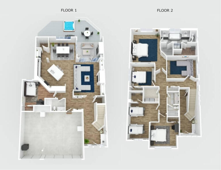 3D floor plan showing two-story home layout with Floor 1 and Floor 2 side by side