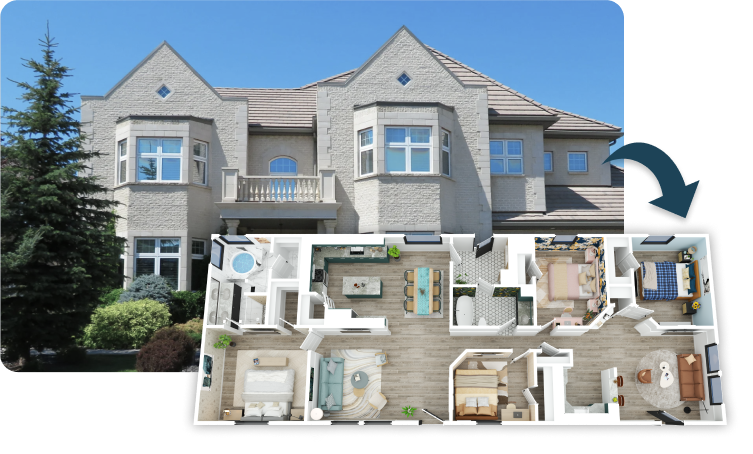 Transformation from property photo to 3D floor plan showing the process