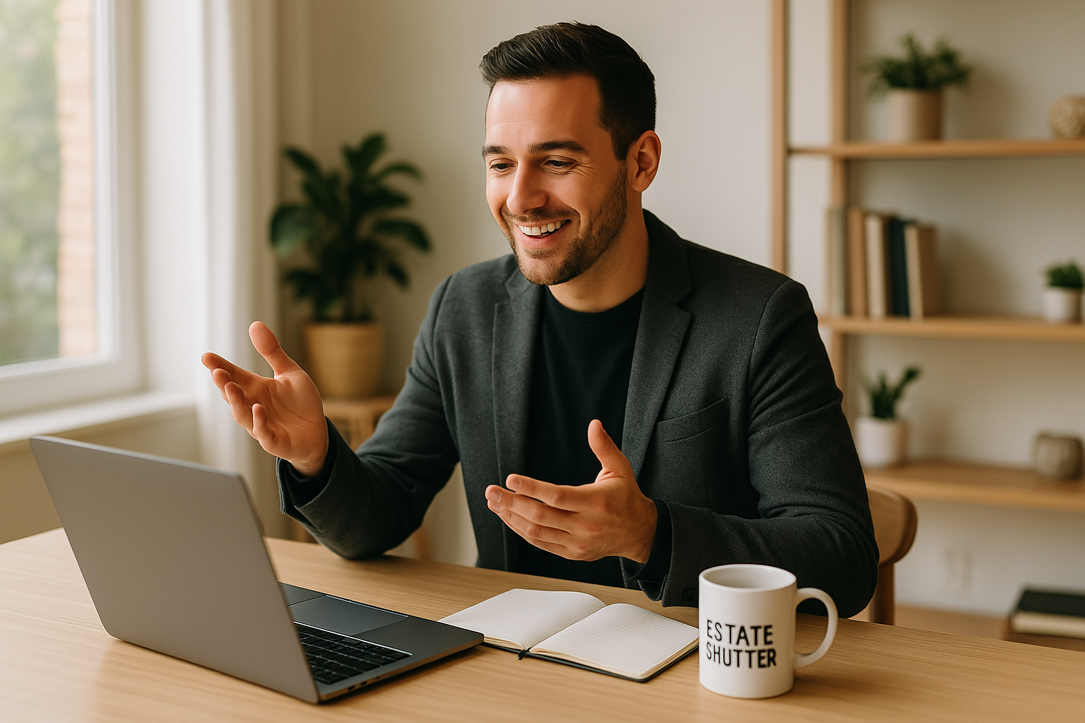 Realtor in blazer gesturing during virtual meeting with Estate Shutter mug