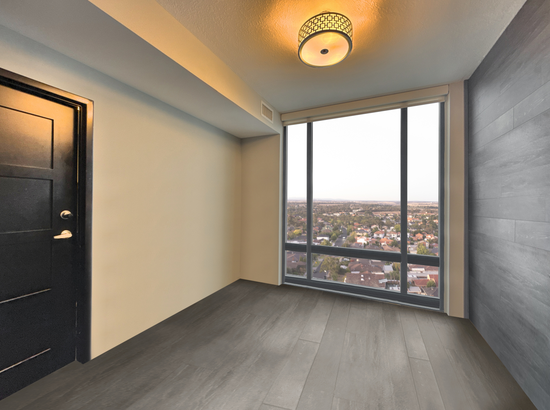 Empty bedroom with city view