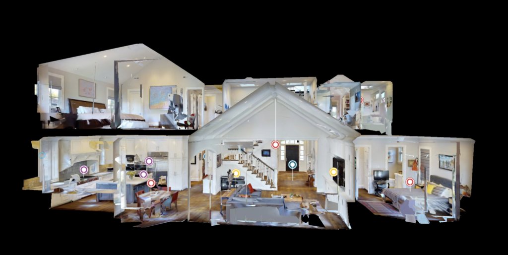 3D Dollhouse view of modern home with multi-level layout