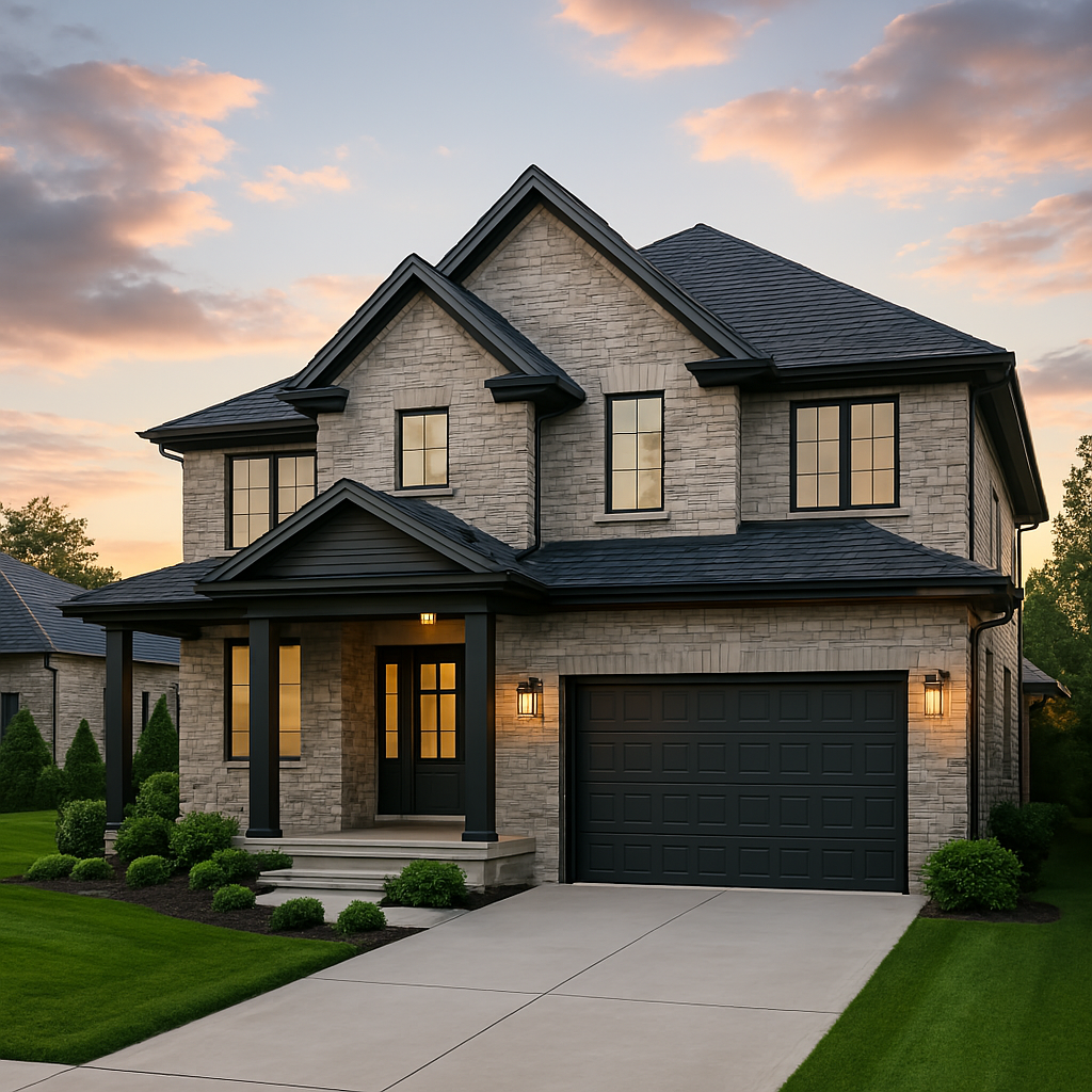 Limestone home with sunset glow