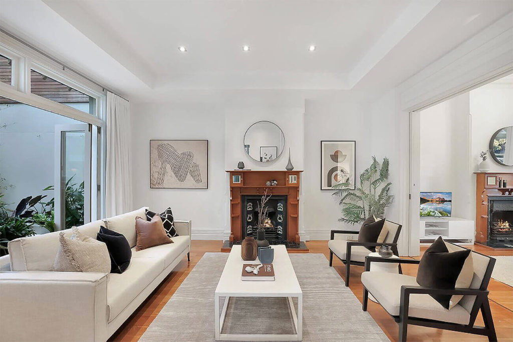 Contemporary living room with fireplace