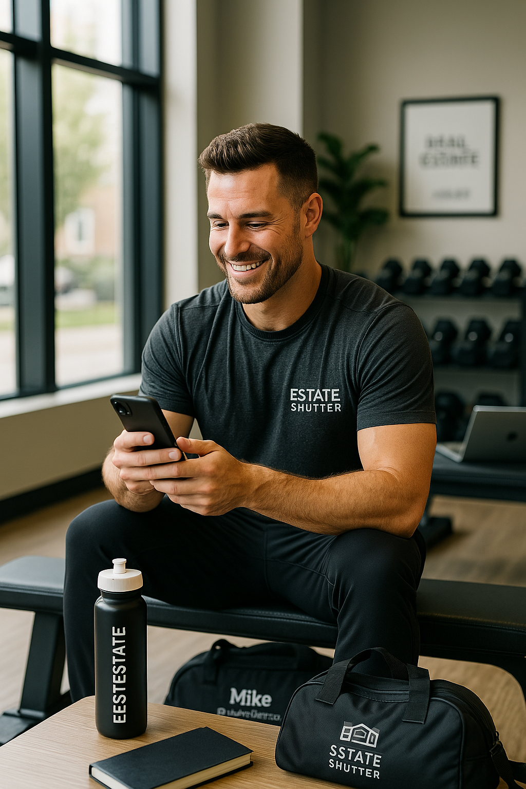 Male realtor in gym with Estate Shutter branded shirt checking phone