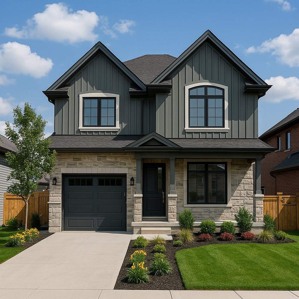 Modern farmhouse with stone base and board and batten siding