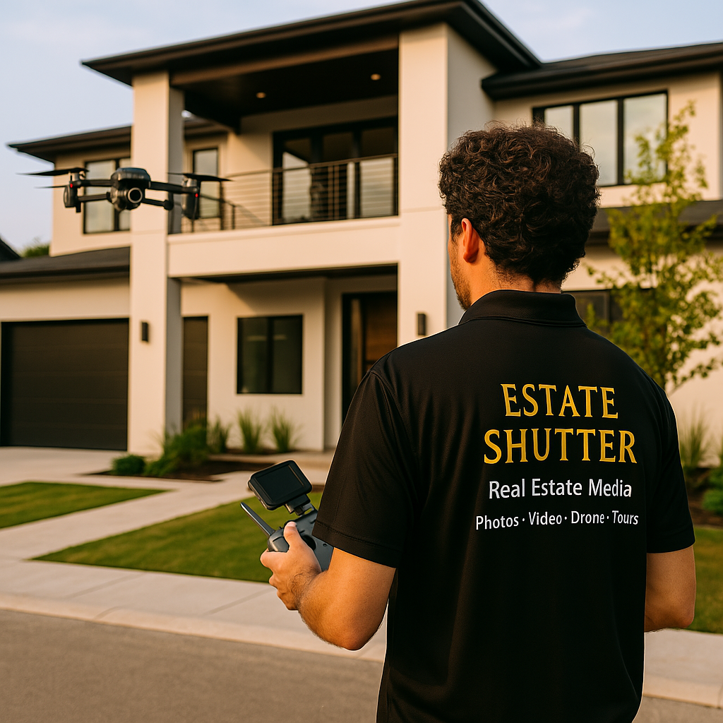 Estate Shutter photographer flying a drone at modern home
