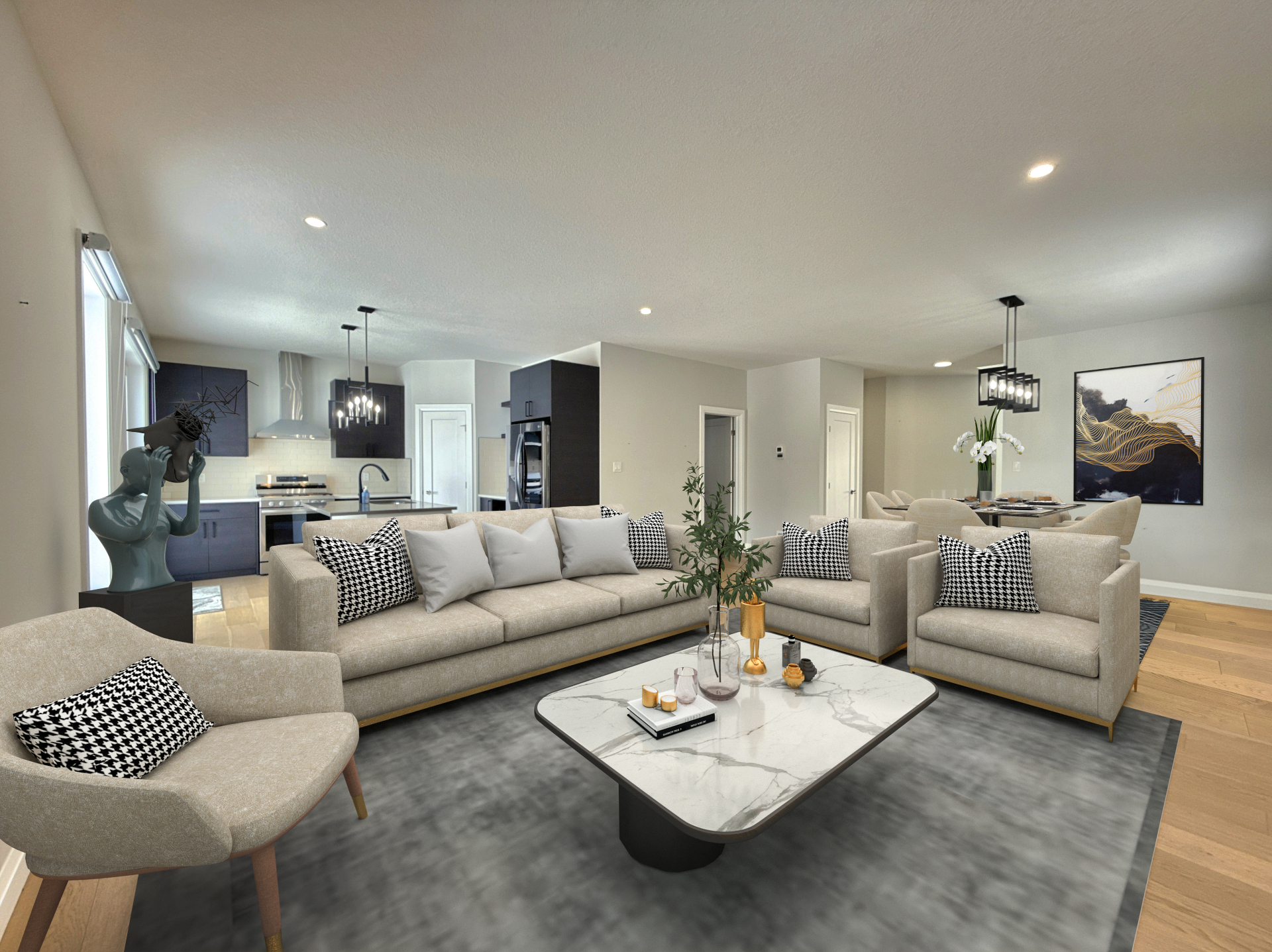 Empty kitchen and living space before virtual staging