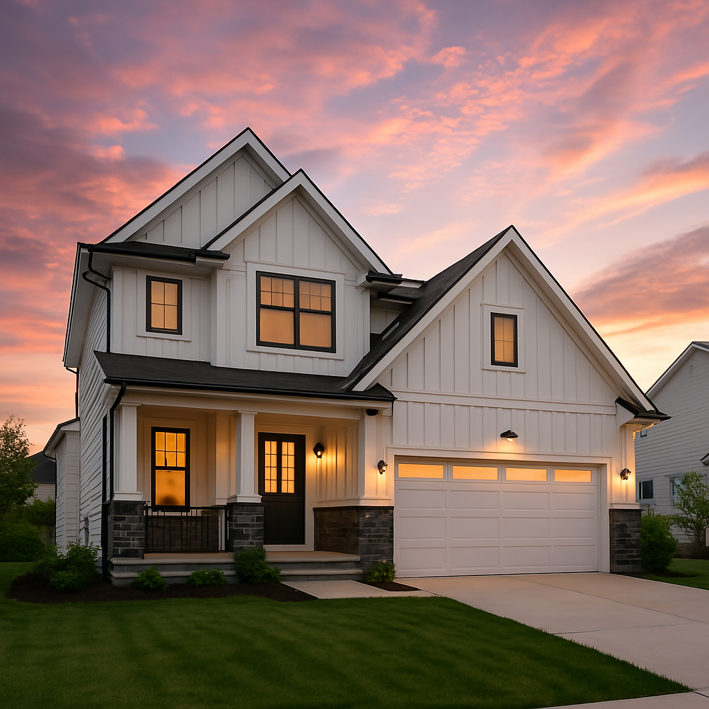 White craftsman home with black trim at sunset