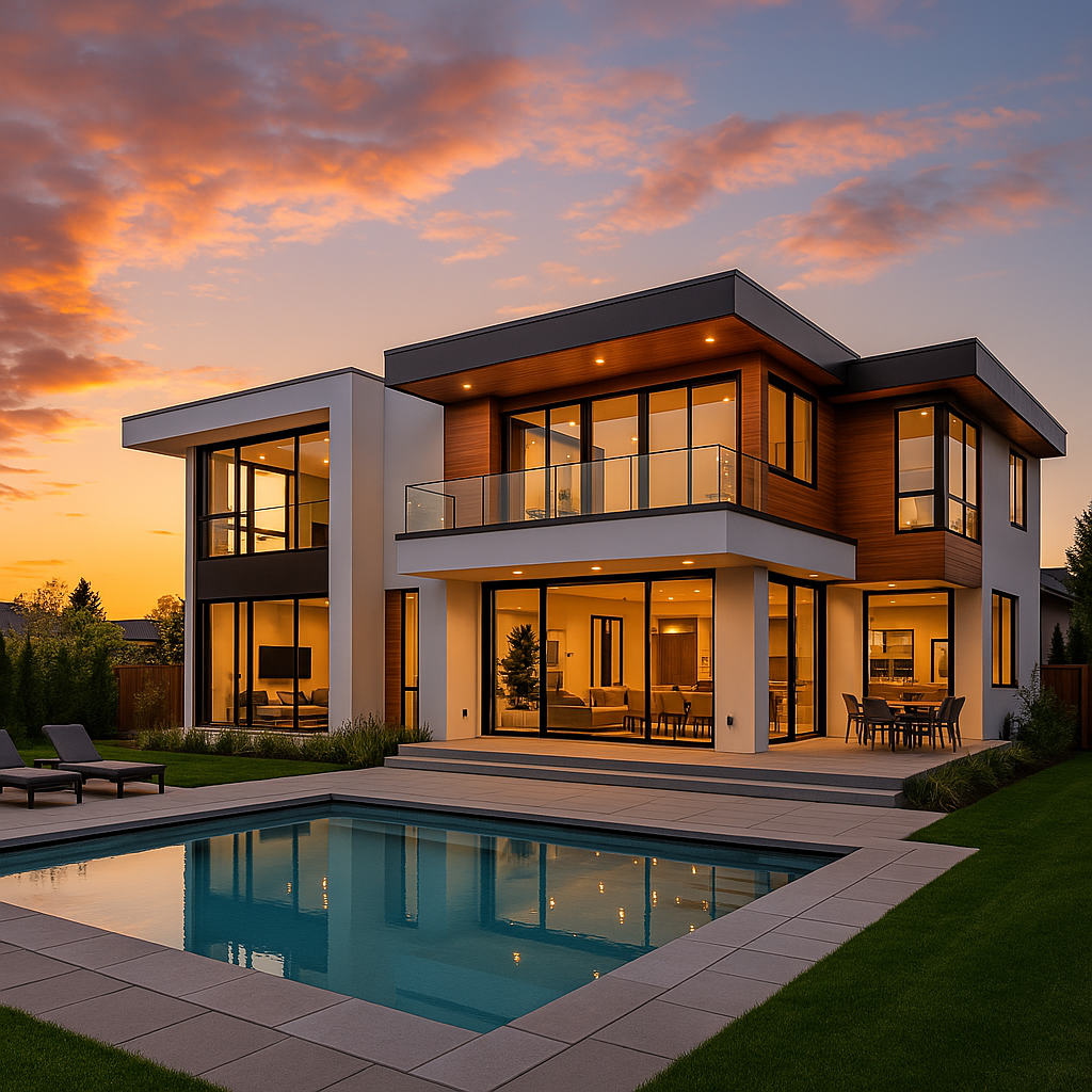 Modern glass house with pool at sunset