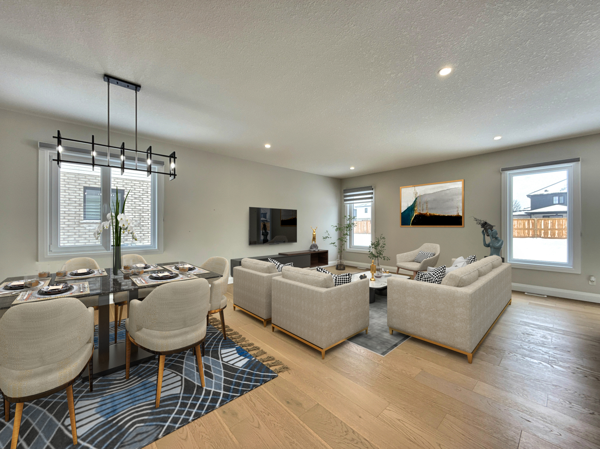 Virtually staged living and dining room