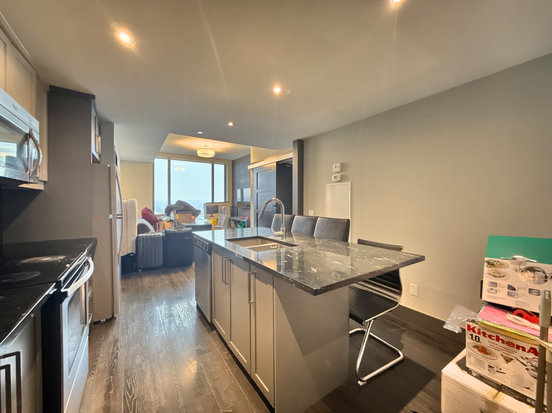 Cluttered kitchen with boxes and items