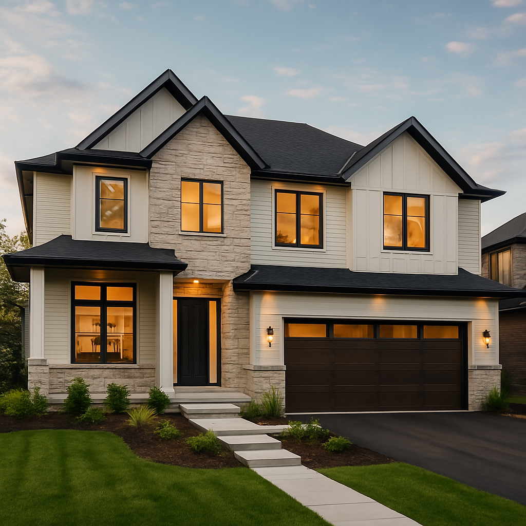 Stone and siding modern home with black garage
