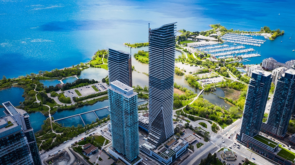 Urban waterfront with high-rise buildings