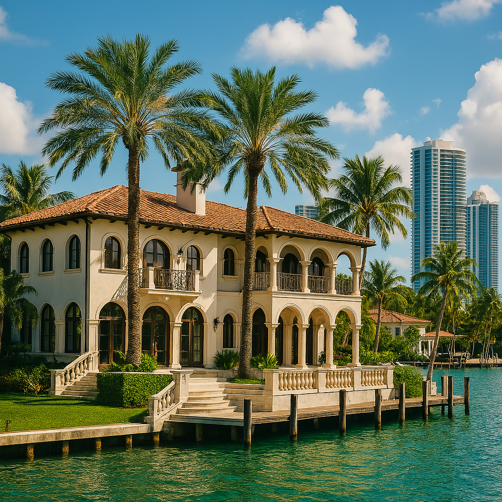 Mediterranean waterfront villa with palm trees