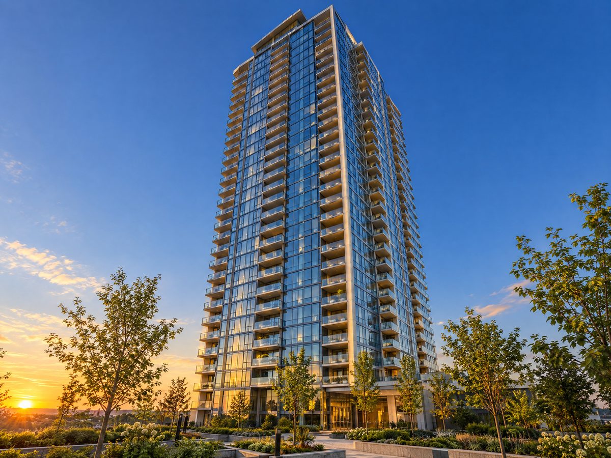 Newly completed glass residential tower at golden hour