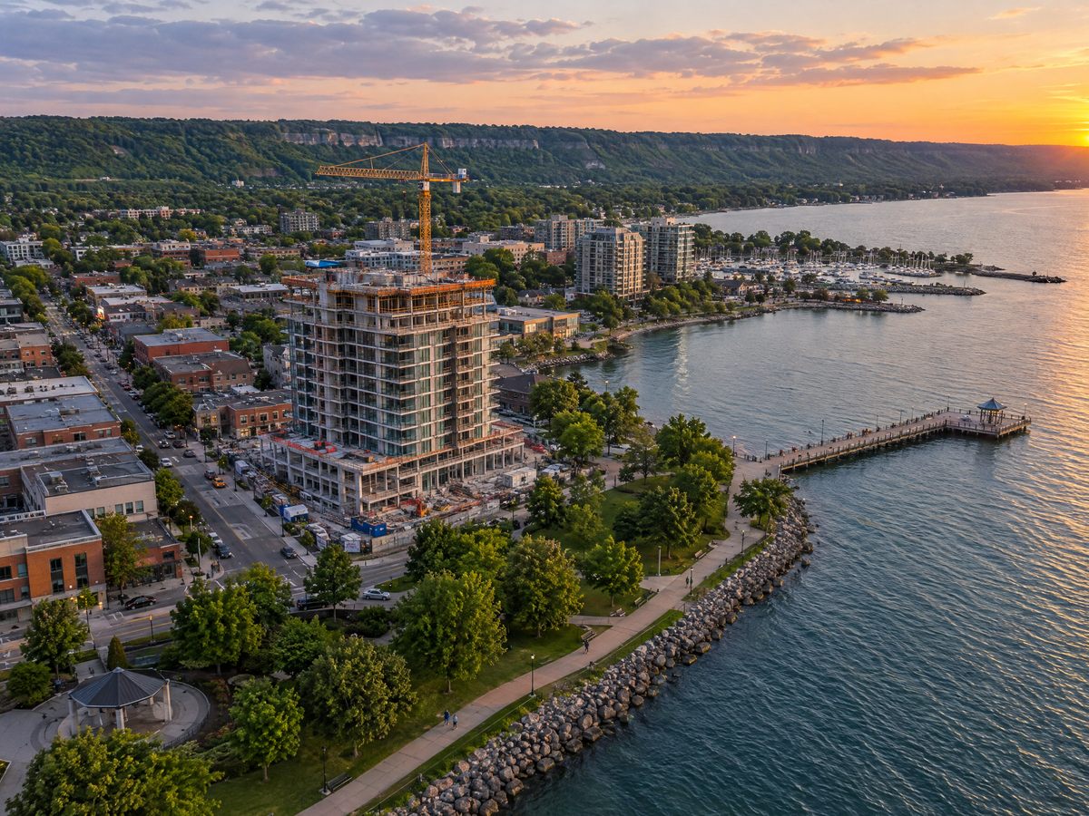 Aerial view of a condo under construction beside the Burlington waterfront and pier at sunset