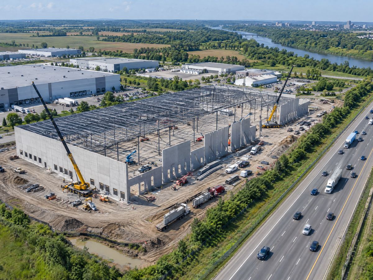 Aerial view of a large industrial warehouse under construction beside the highway near Cambridge