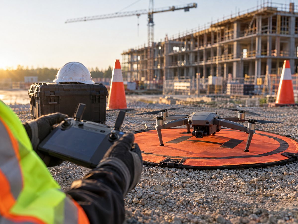Commercial drone on a landing pad at a construction site with a crane in the background
