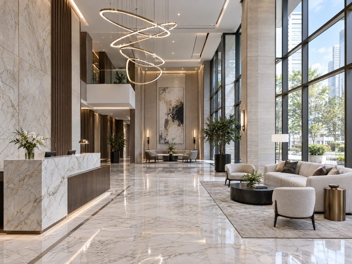 Double-height condominium lobby with concierge desk and pendant lighting