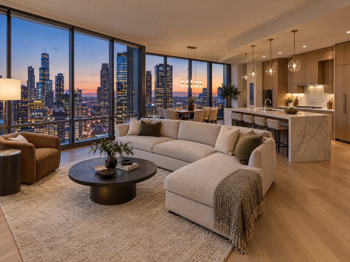 Staged condo model suite living room with a city view at dusk