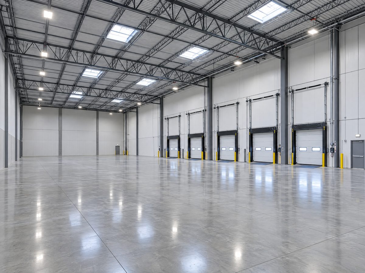 Vacant industrial warehouse with high ceilings, skylights and loading docks