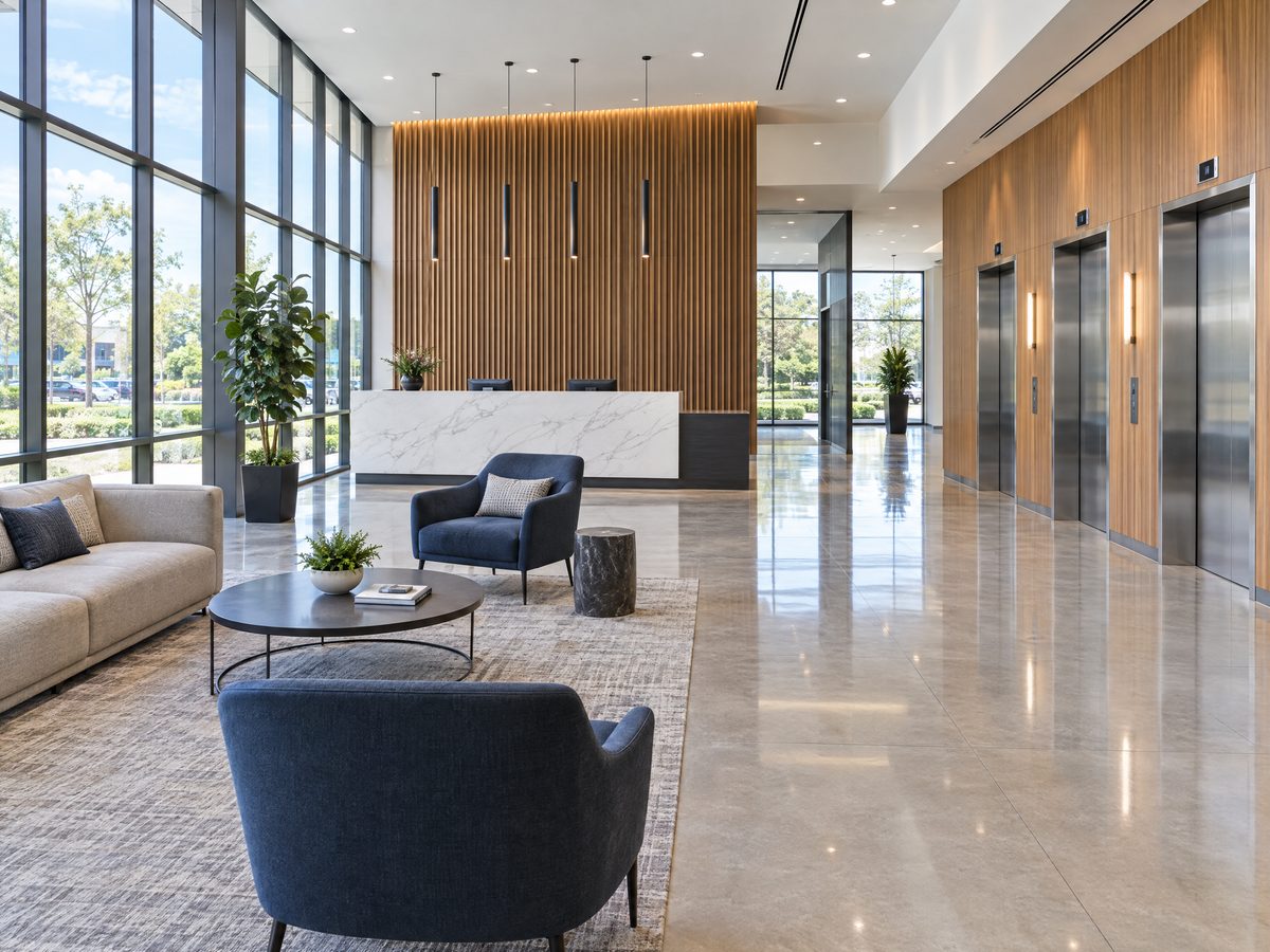 Bright office building lobby with lounge seating and elevators