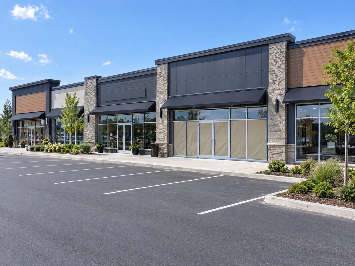 Modern retail plaza with a vacant storefront unit and empty parking lot
