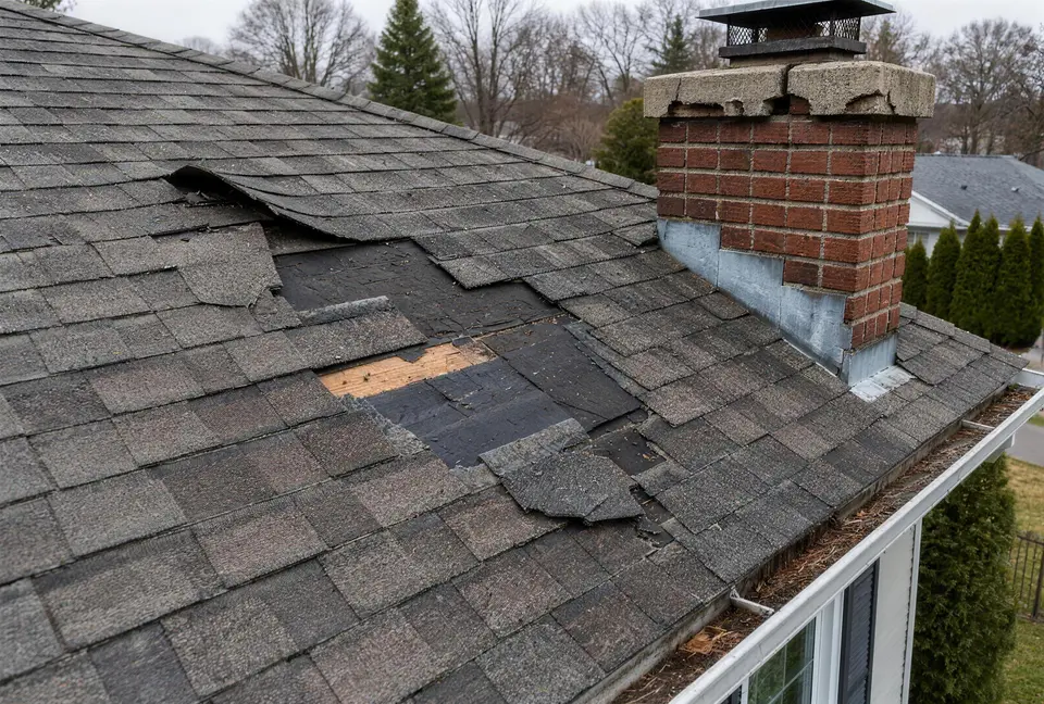 Close drone view of an asphalt shingle roof with lifted and missing shingles beside a brick chimney