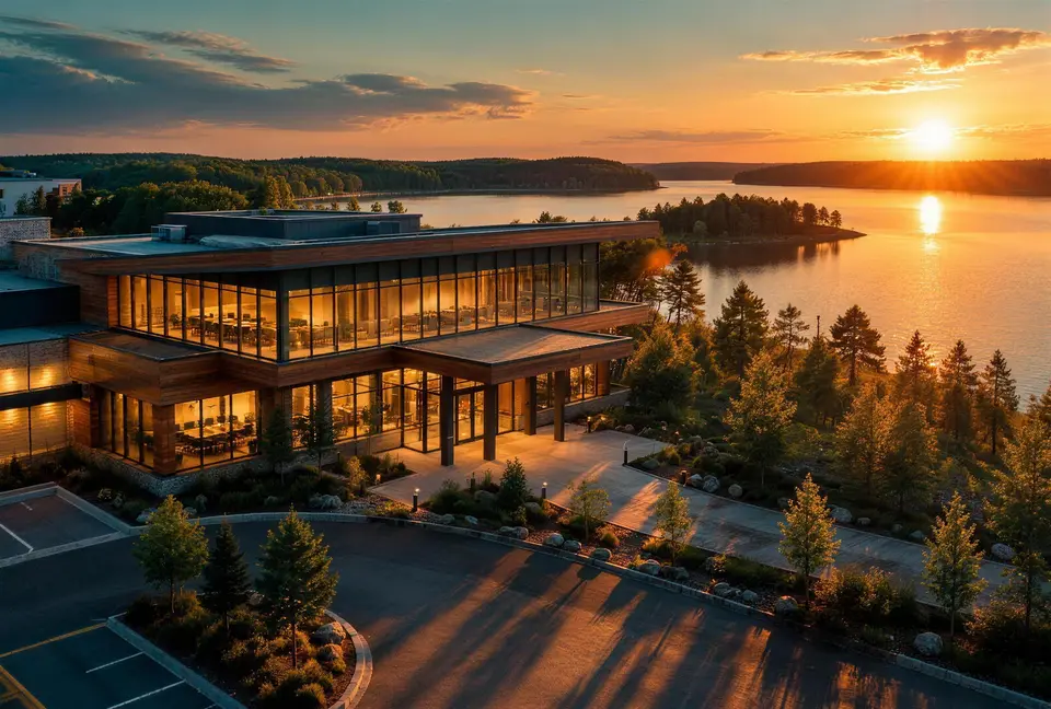 Aerial view of a modern glass lakeside building lit up at sunset, with the lake and islands beyond