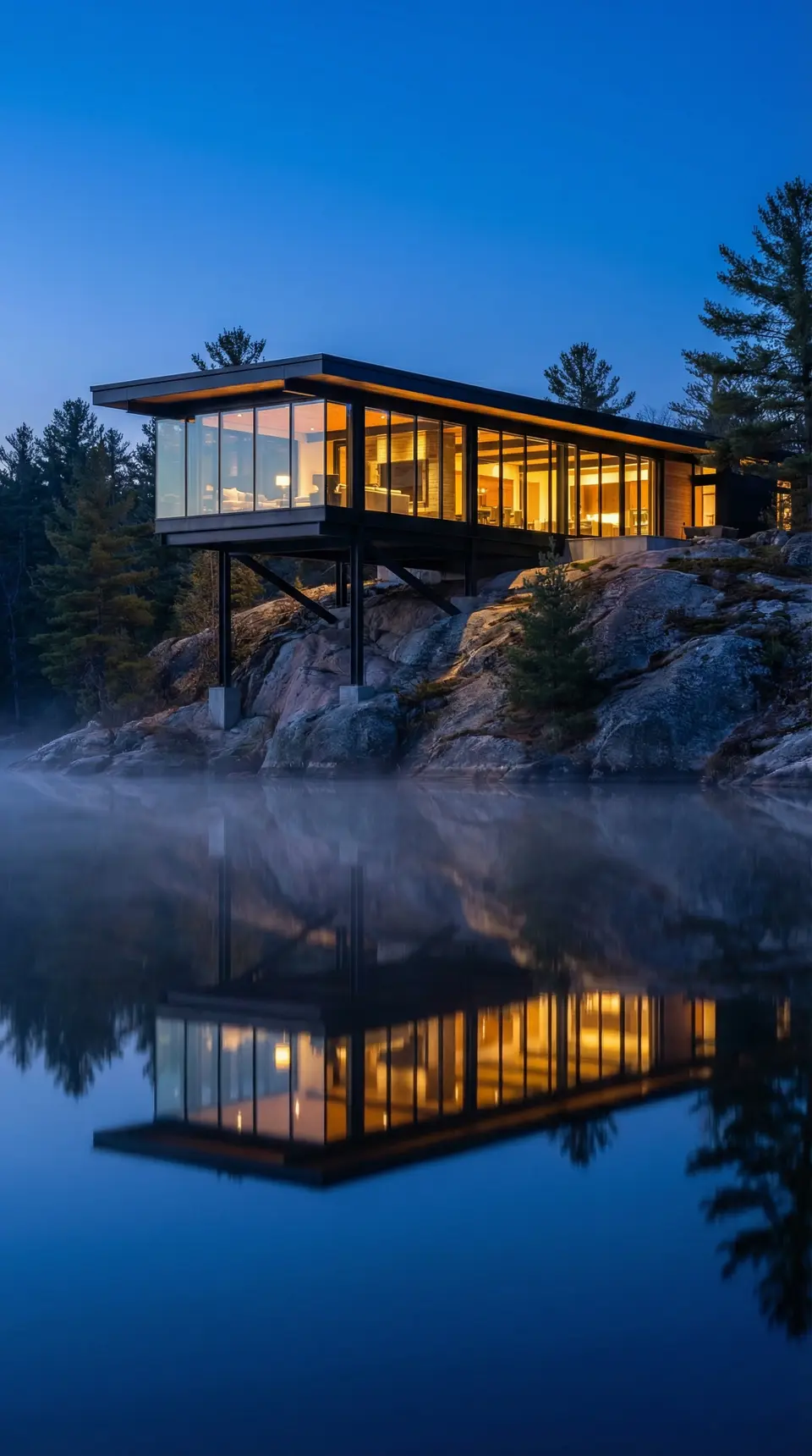 Glass cottage on a rocky point reflected in a still lake at blue hour