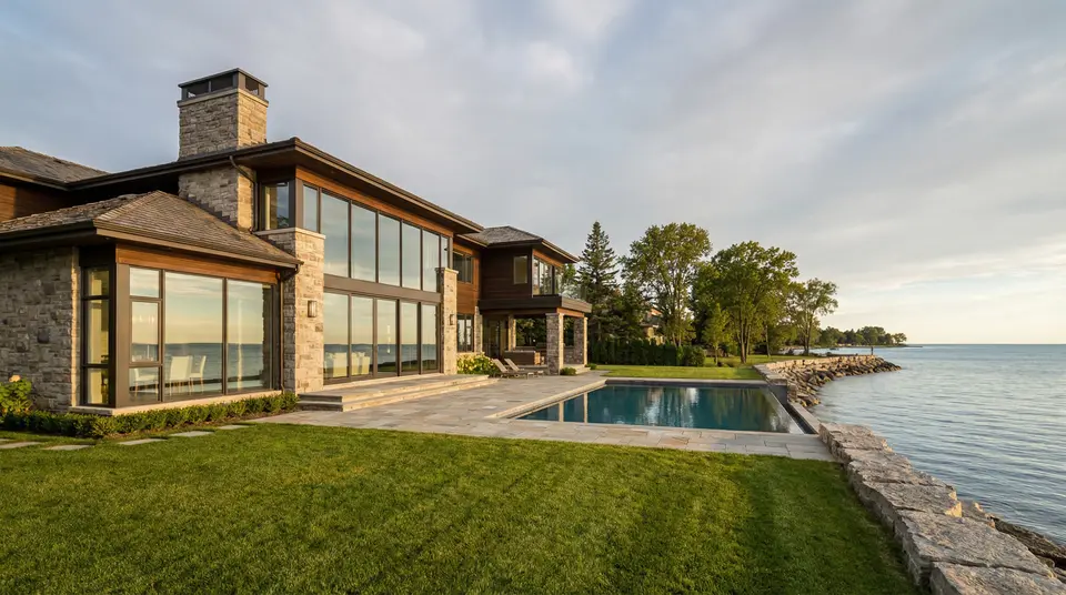 Modern lakefront home with infinity pool and stone shoreline at golden hour