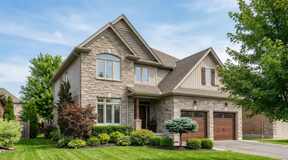 Stone and siding two-storey home with double garage and manicured gardens