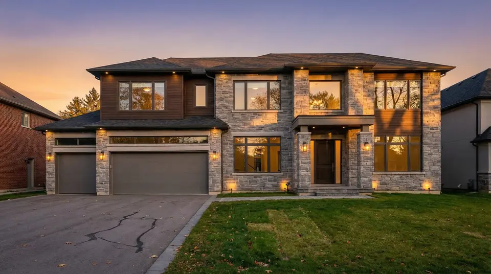 Large stone and brick custom home with lit windows under a sunset sky