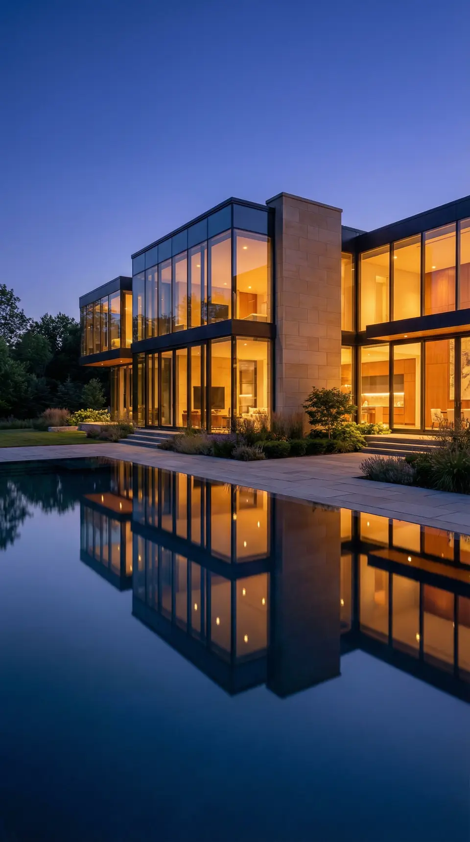 Modern glass and stone home reflected in a pool at blue hour