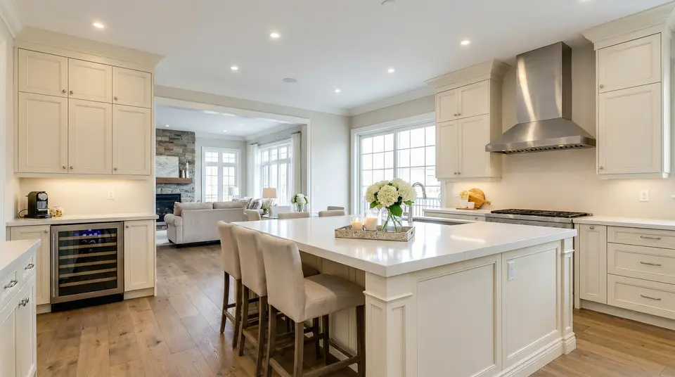 White shaker kitchen with large island, range hood and wine fridge