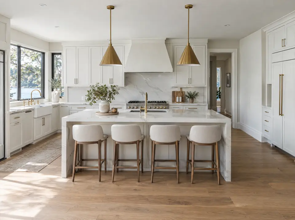 White kitchen with brass pendants, marble island and four counter stools