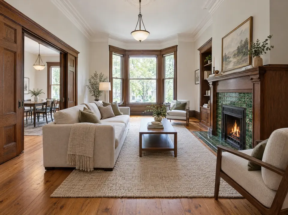 Century-home living room with tiled fireplace, wood trim and bay window