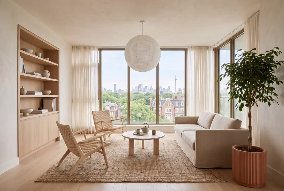 Calm Scandinavian-style living room with built-in shelves and a city view