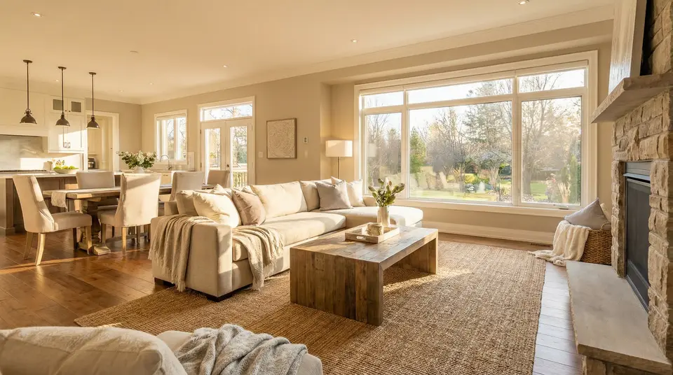 Open-concept great room with stone fireplace, sectional and garden views