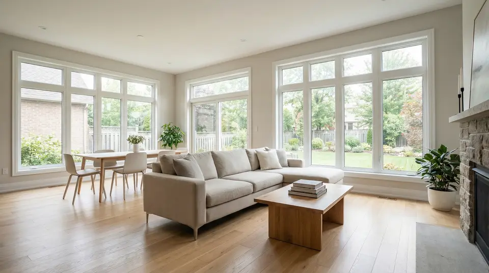 Sunlit living and dining room with sectional sofa and tall windows