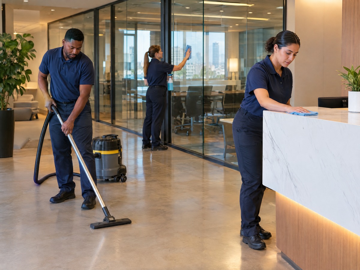 Cleaning crew in uniforms cleaning a modern office after hours