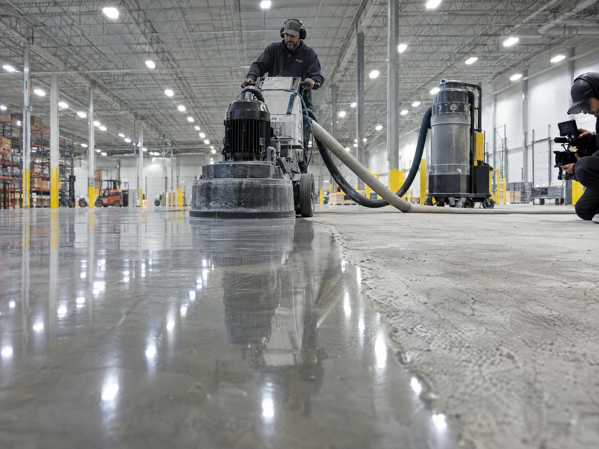Worker running a concrete grinder on a warehouse floor, half polished and half raw