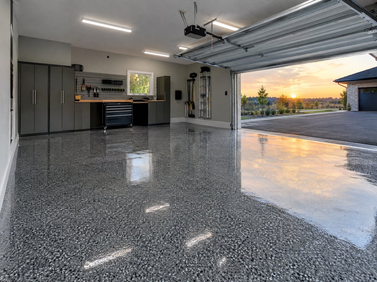 Finished flake epoxy garage floor in a modern home