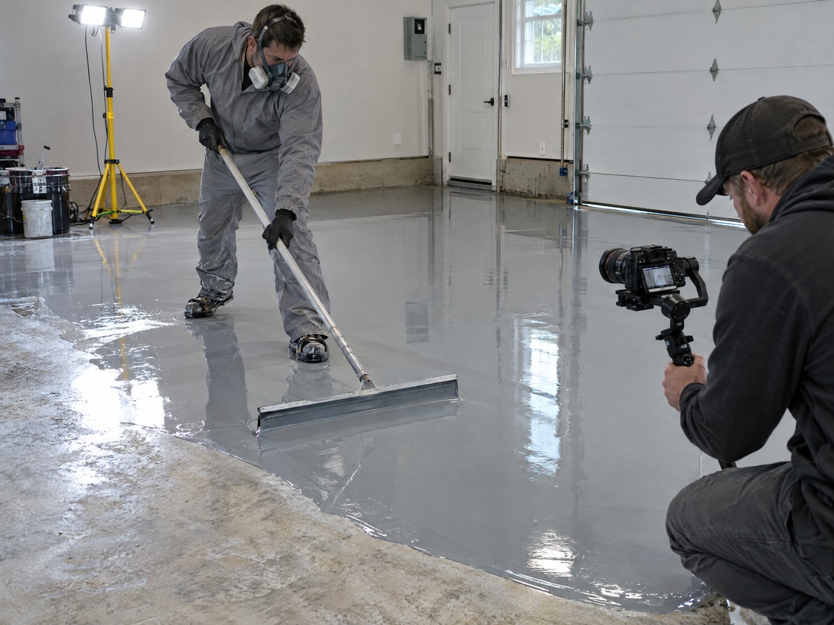Videographer filming an installer spreading glossy epoxy with a squeegee on a garage floor