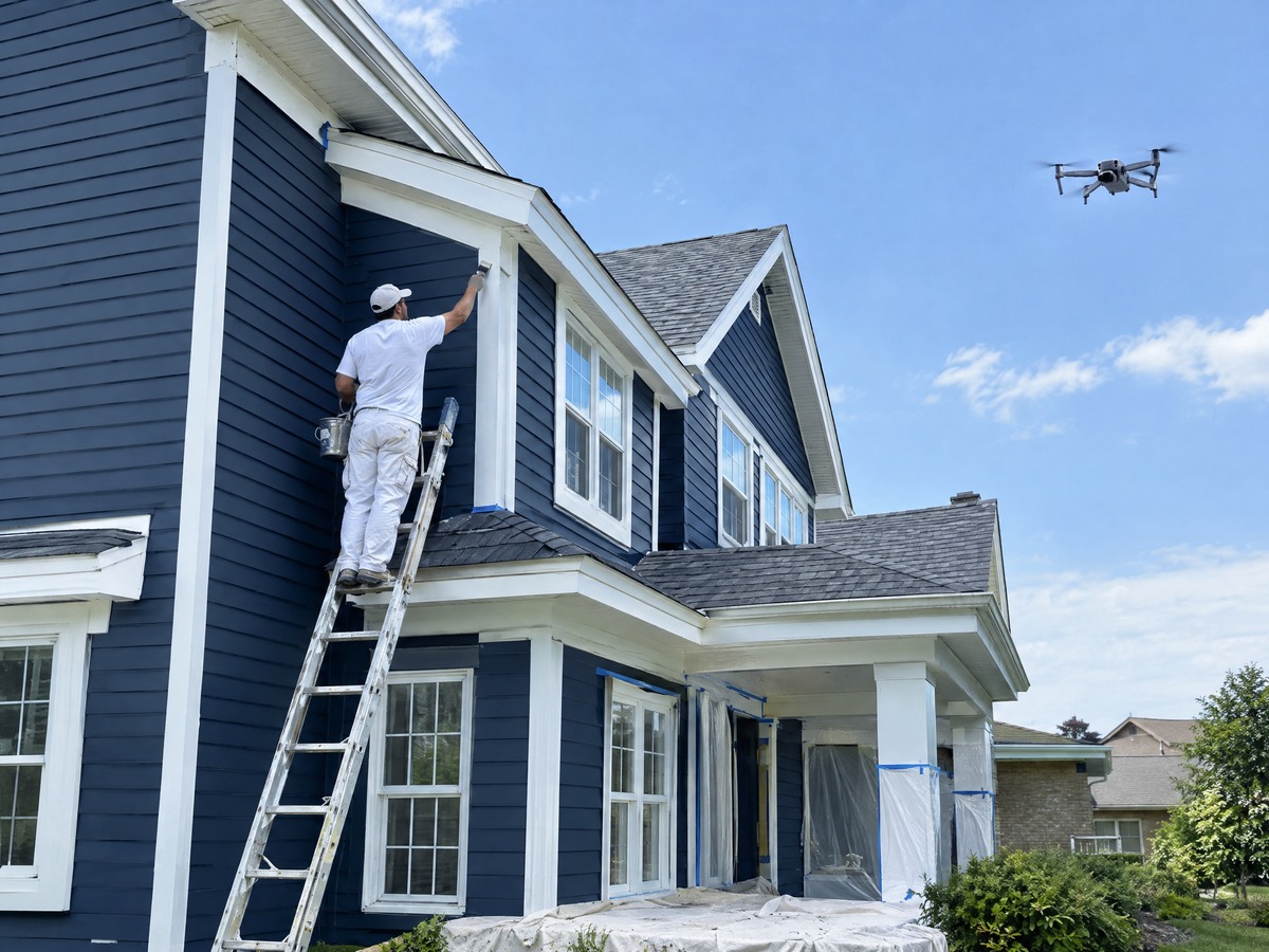 House painter on a ladder painting trim on a navy two-storey home with a drone overhead