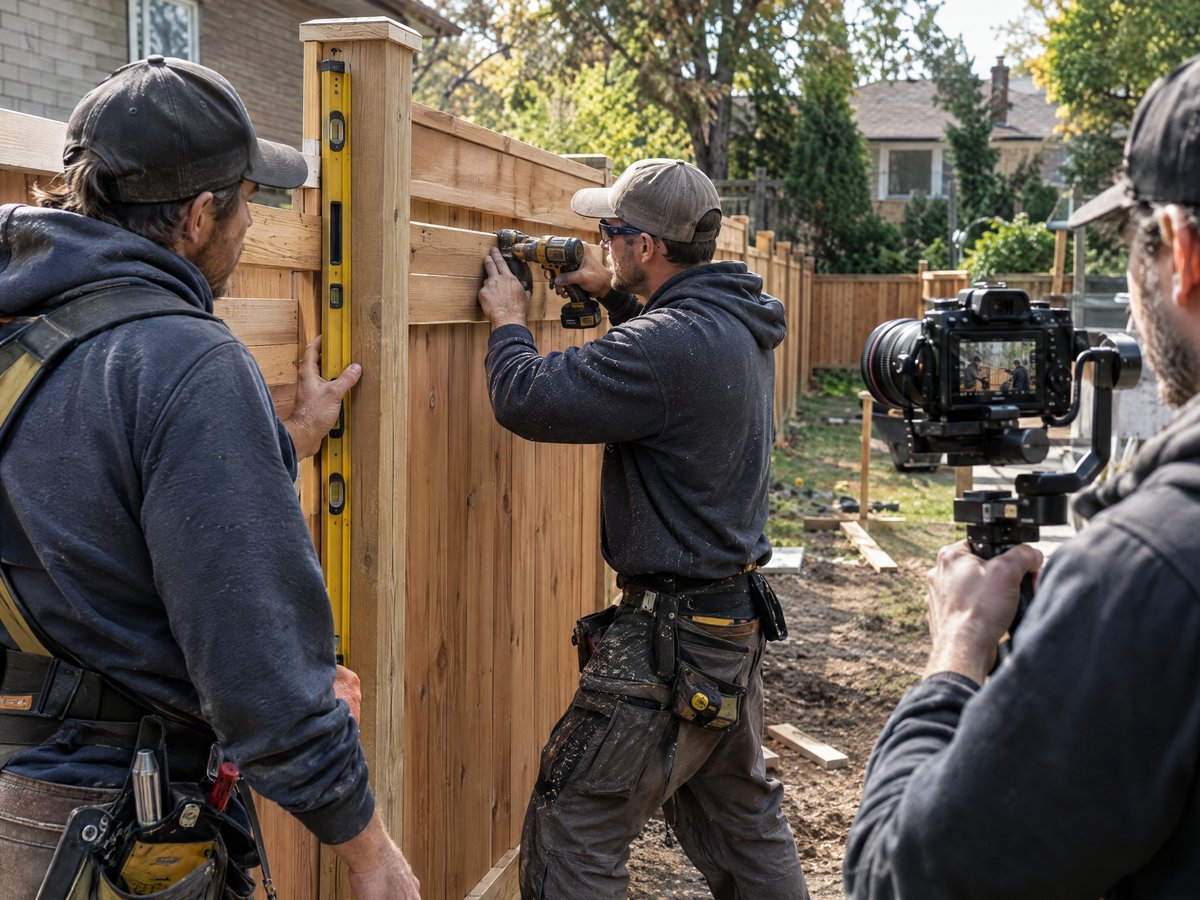 Videographer filming two installers building a cedar privacy fence