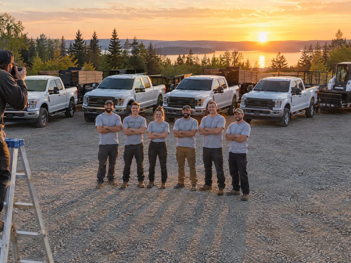 Photographer on a ladder taking a team photo in front of a fleet of white pickup trucks
