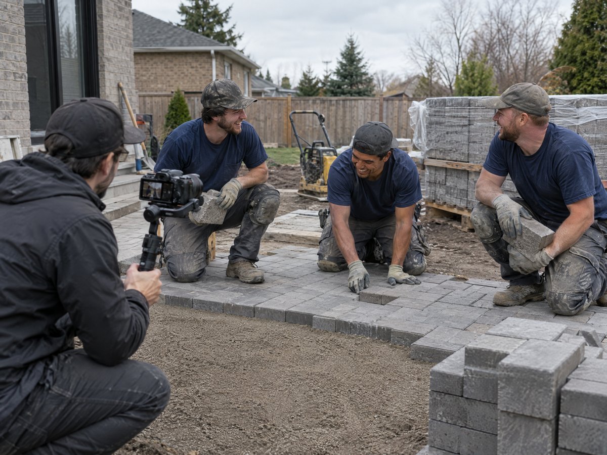Videographer filming a hardscaping crew laying interlock pavers