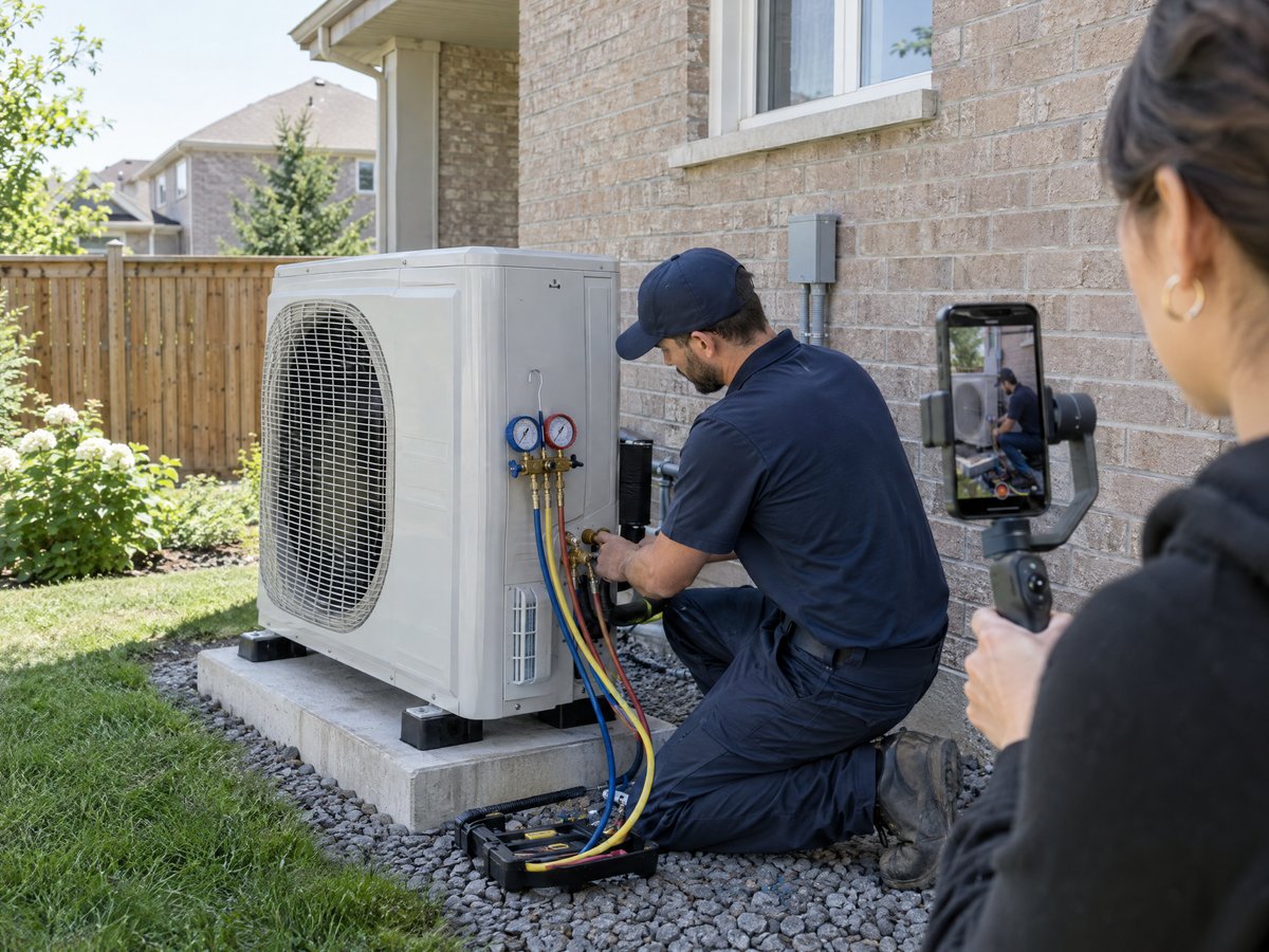 Content creator filming a vertical video of an HVAC technician installing a heat pump