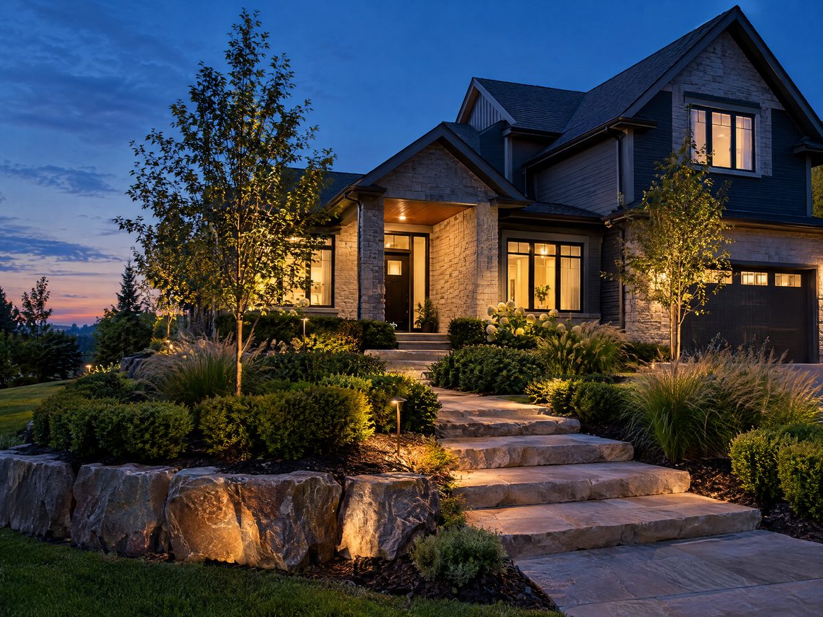 Finished front-yard landscape with stone steps and lighting at twilight